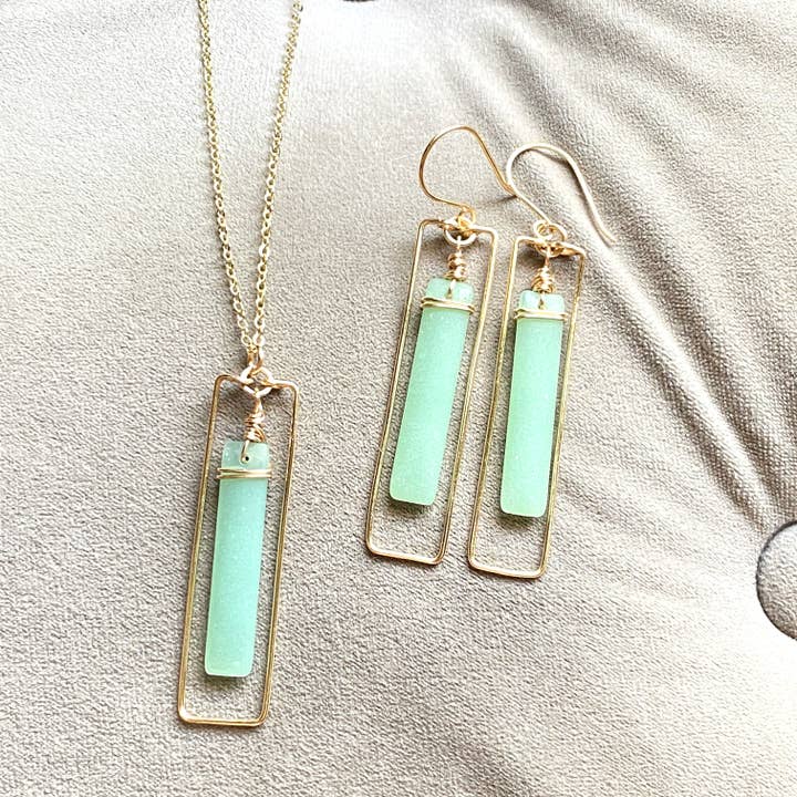 Gold Rectangle Earrings/Necklace Set Green Frosted Glass for wholesale by Marble Designs Jewelry