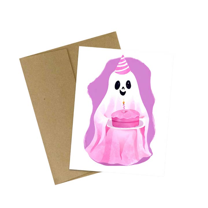 Pink Cute Ghost Birthday Cake Card for wholesale by Cryptic Paper Co.