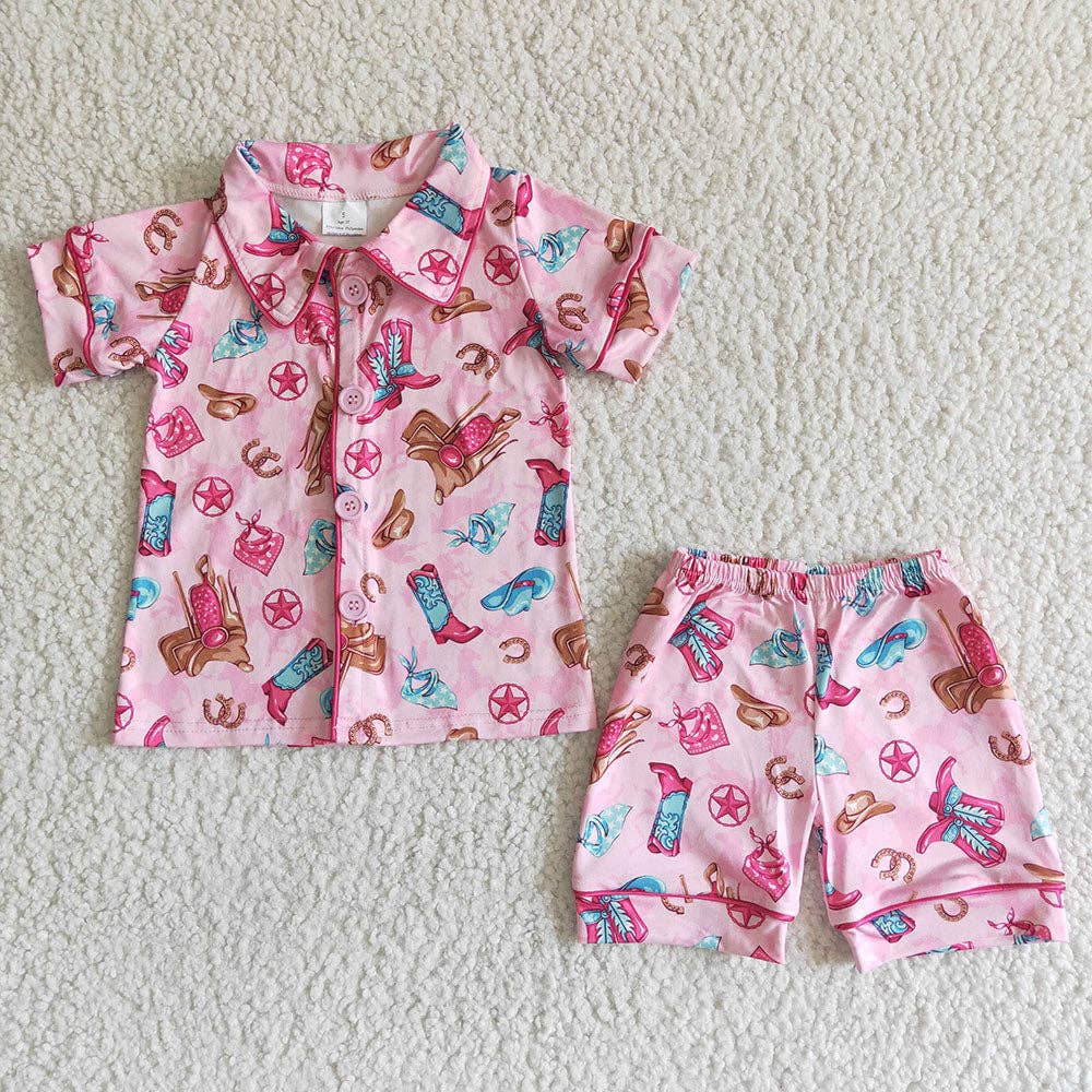 Aier Wholesale - Wholesale Sleepwear Set - Kids - Baby girls boots western short sleeve shorts pajamas sleepwe0