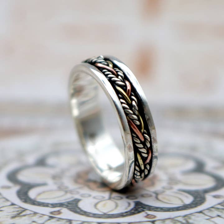 Energy Stone - Wholesale Band/Stacked Ring - Twine Sterling Silver Meditation Spinner Ring