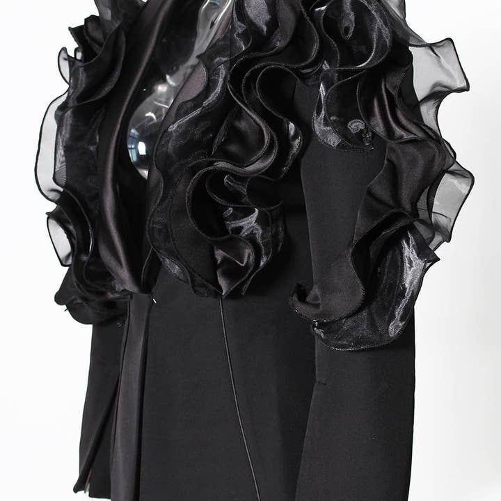 M38 Asymmetric Ruffled Black Suit with 3D Stitch Detailing for wholesale on Faire1