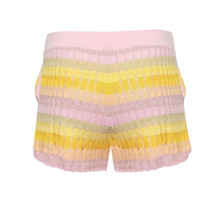 SHORTS LISTRADOS EM MALHA CREMALHEIRA AMARELO/ROSA por atacado de Ruth Erotokritou Knitwear
