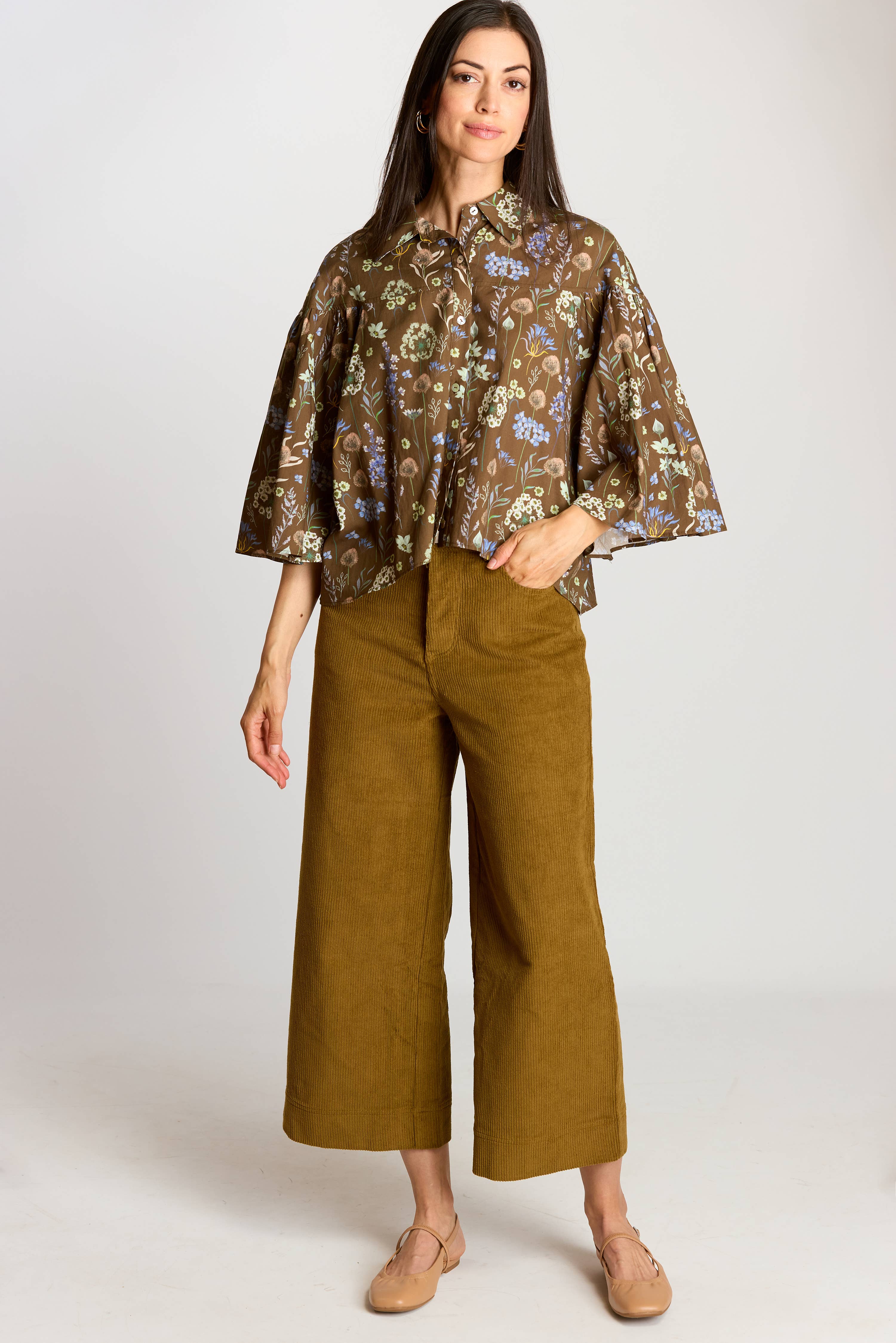 Olive Multi Print Poplin Flowy Sleeve Blouse for wholesale on Faire1