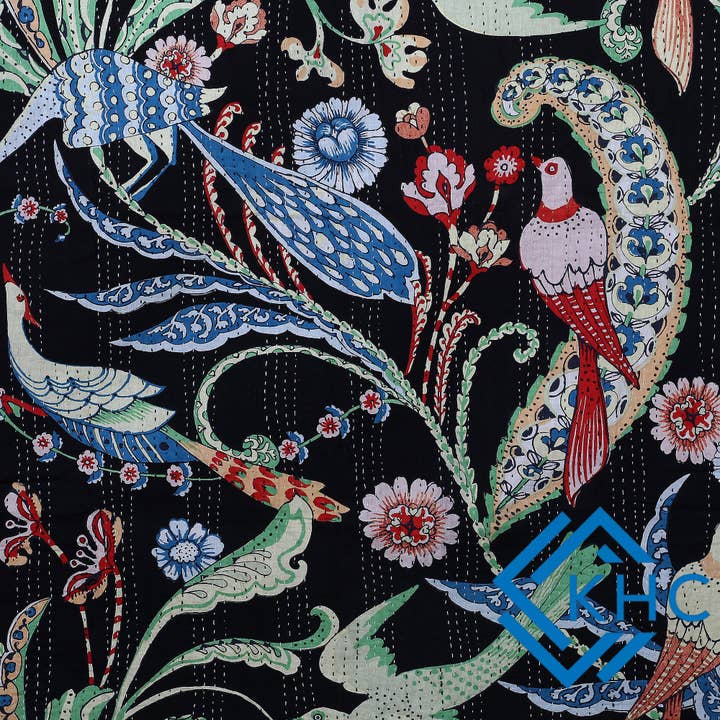 KHC – wholesale Quilt – Navy Blue Bird Print Bohemian Quilt Bedding