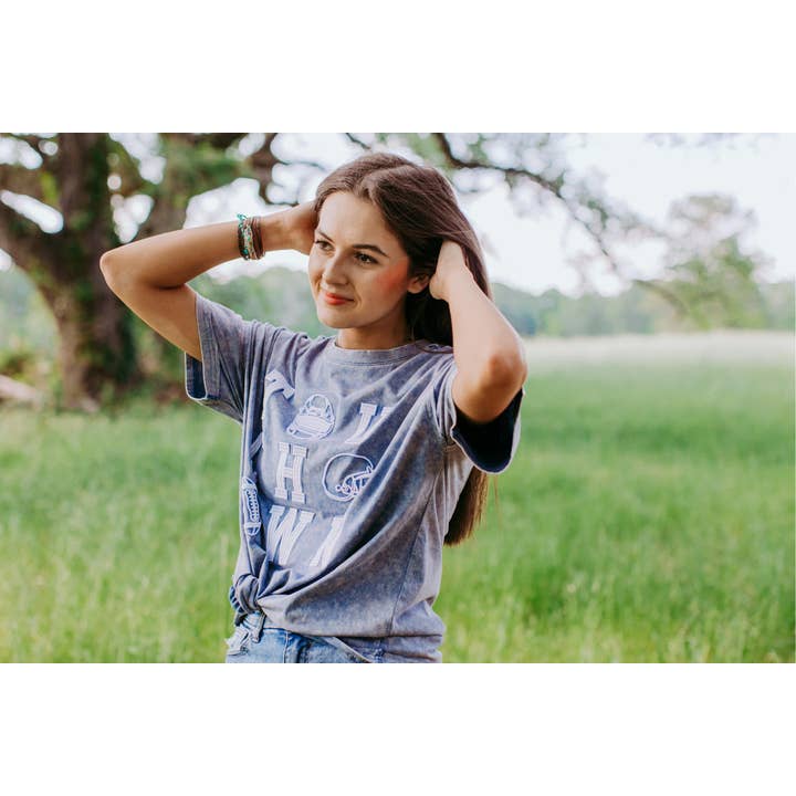 Blue MK447 Acid Washed Sequins engraved 3D Embroidery Tee for wholesale on Faire