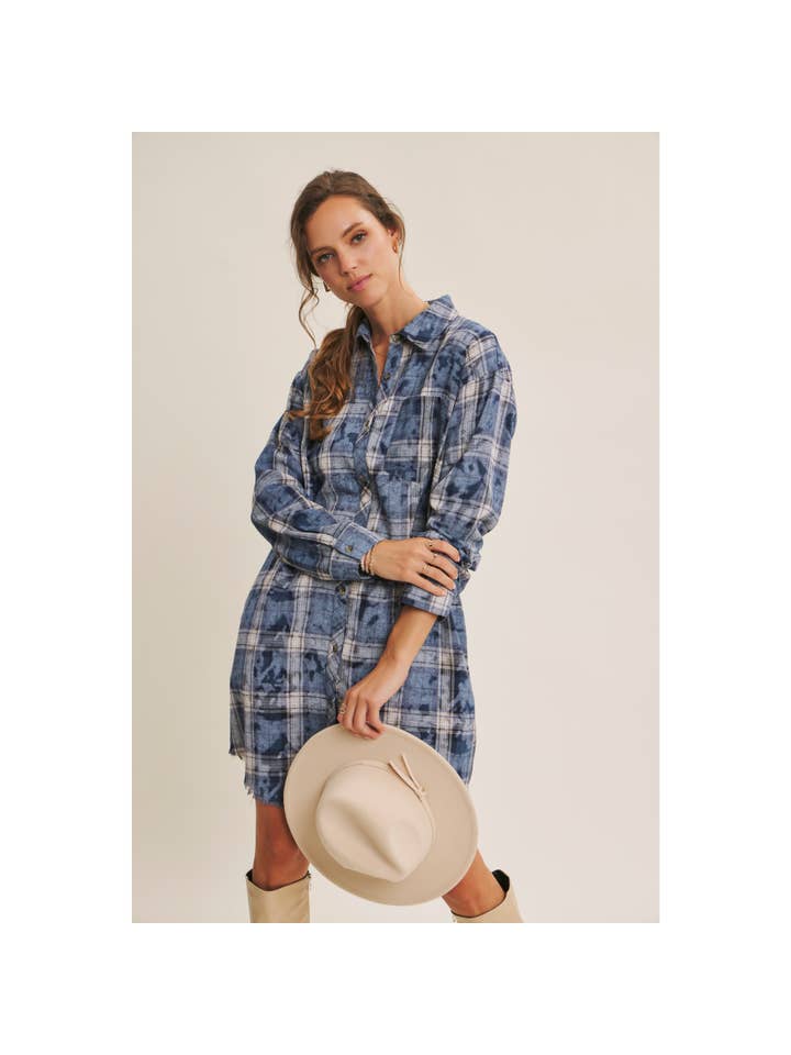 in february - Wholesale Dress - Women's - ONE OF A KIND MINERAL-WASHED PLAID DRESS WITH FRAYED HEM3