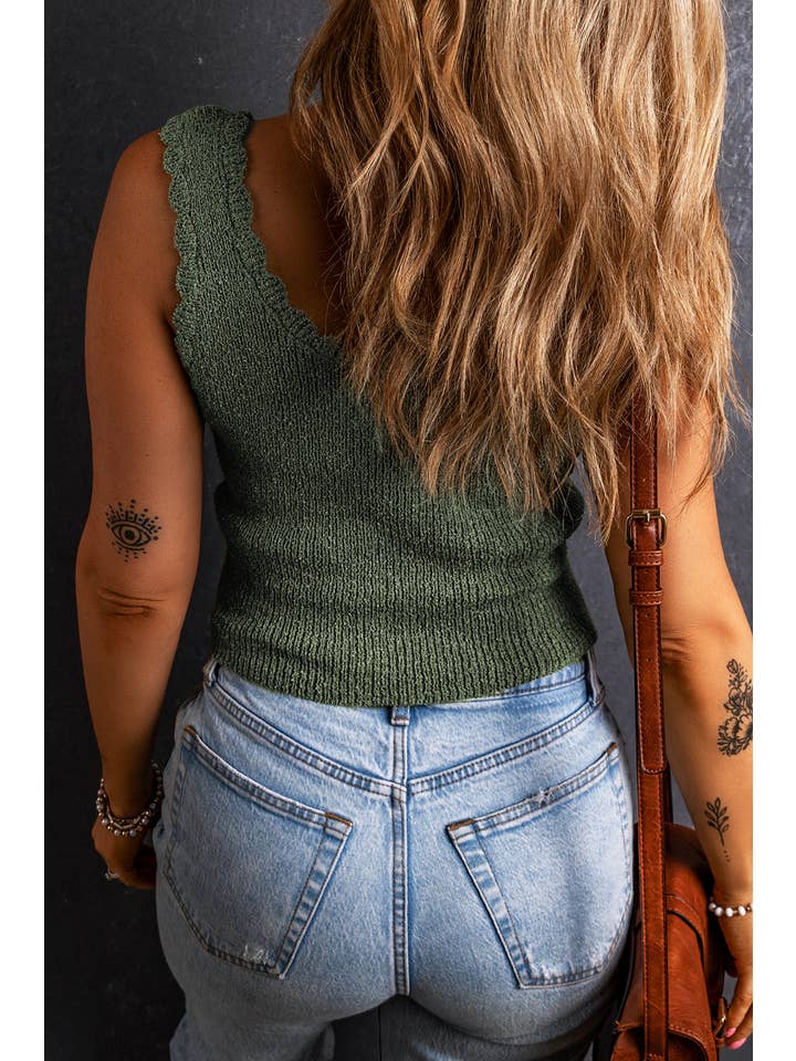 Mist Green U Neck Scallop Trim Sweater Vest for wholesale on Faire