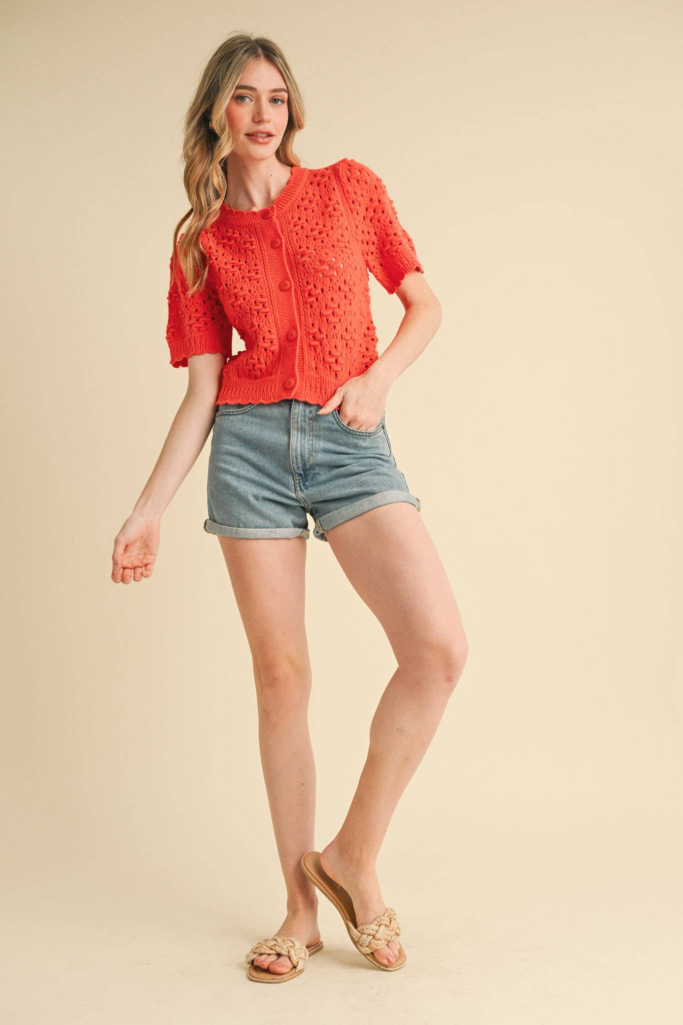 &MERCI - Wholesale Cardigan - Women's - CROPPED POINTELLE BUTTON DOWN SWEATER CARDIGAN MSW1085714