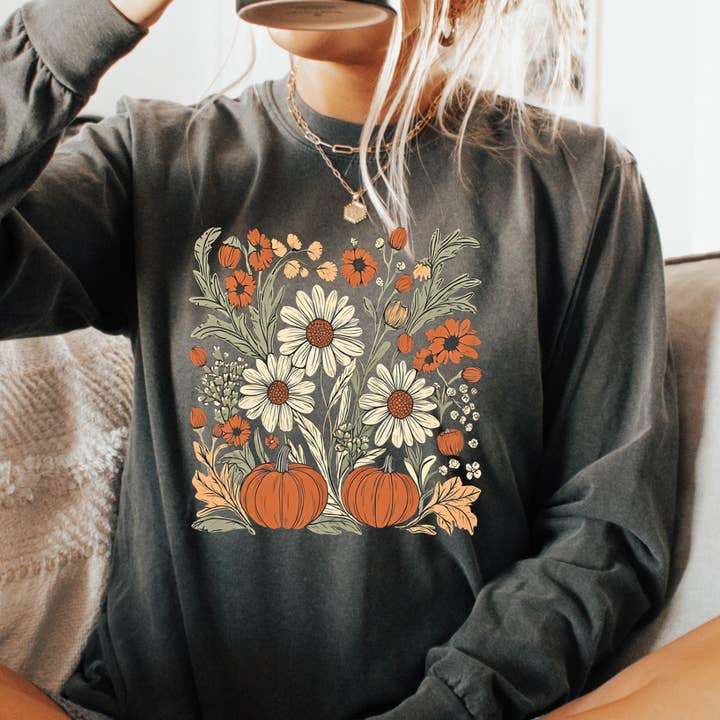 Boho Fall Floral Comfort Color Tee - Long Sleeve for wholesale by Kiki's Boutique