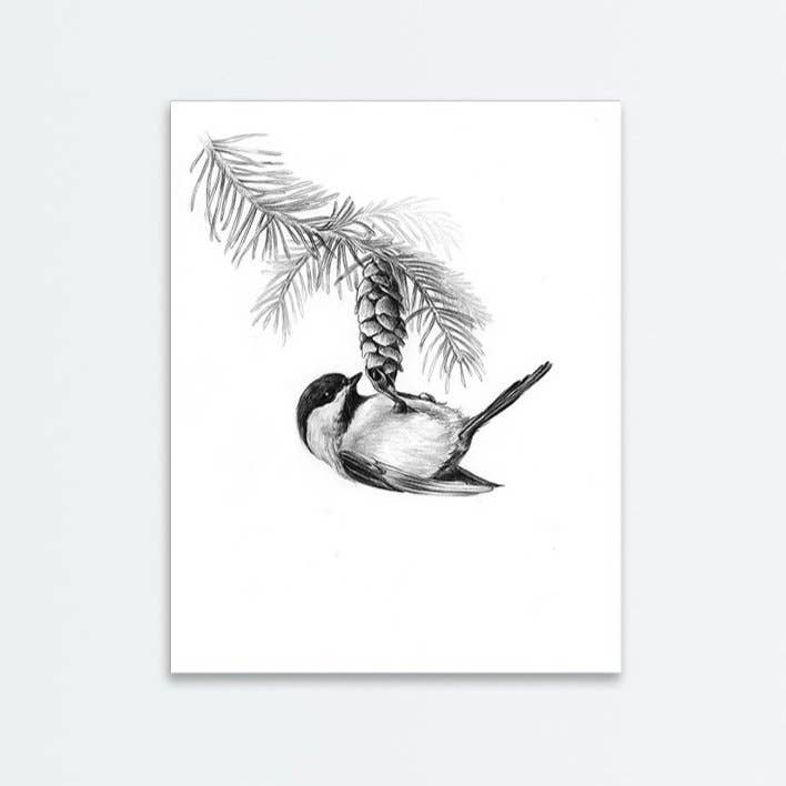 Chickadee Feeding Print for engroshandel hos Amanda Surveski Wildlife Art