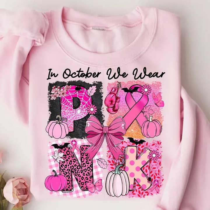 in October we wear pink fall breast cancer sweatshirt for wholesale by StricklandDesignCo