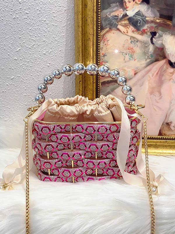 Sac à main tissé métallique étincelant – Sac seau de fête en forme de cage à oiseaux pour la vente par Fiona Secret Closet