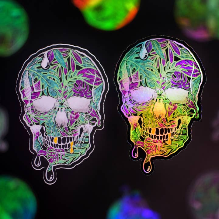 TROPISK SKULL HOLOGRAFISK KLISTERMÆRKE, 4x2.75in for engroshandel hos Catnip and Kittens
