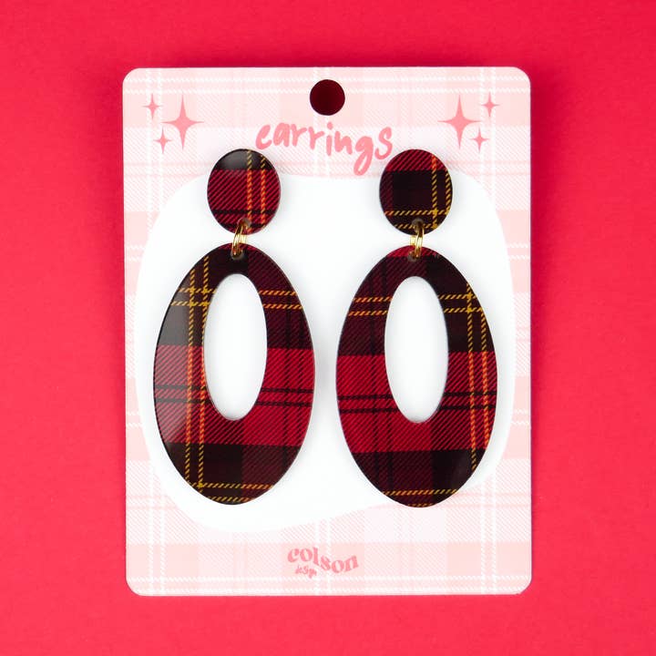 Retro Oval Drop Acrylic Earrings - Red Tartan for wholesale by ColsonDesign