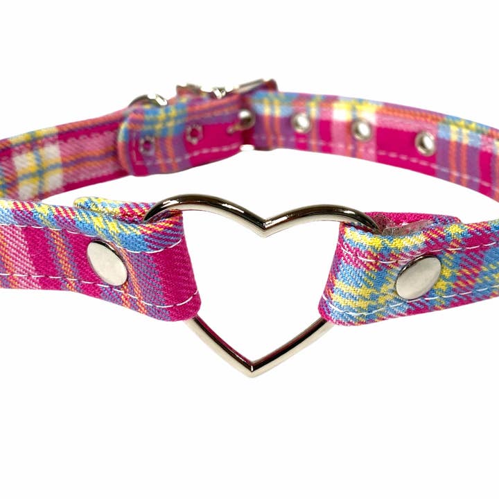 FC223PLAID PINK PLAID HEART CHOKER for wholesale by Funk Plus