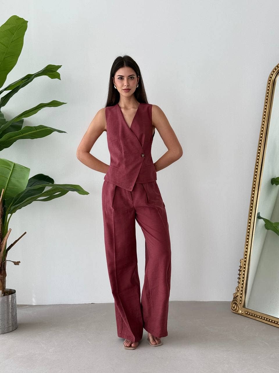 Design company-Fatma Balkir - Wholesale Suit Vest - Women's - Backless Tie-Up Vest and Pants Set – Linen Two Piece Outfi4