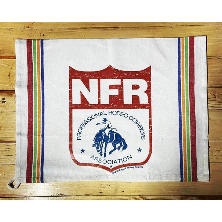 Dish Towel Vintage NFR Back Emblem Multi Stripe for wholesale by Red Dirt Ranch Clothing Company