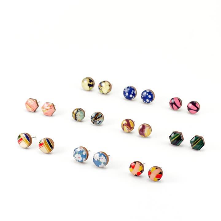 Patterned mini titanium stud earrings for wholesale by autumn + tree