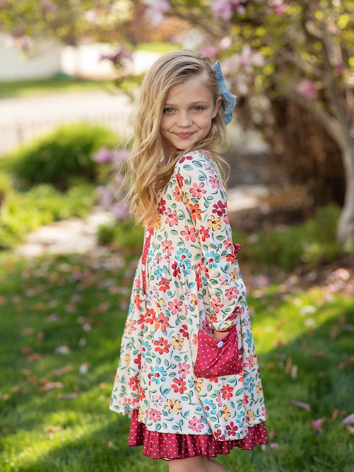 Adorable Sweetness - Wholesale Dress - Kids - Kids Cream & Burgundy Floral Ruffle Button Pocket Fall Dress4