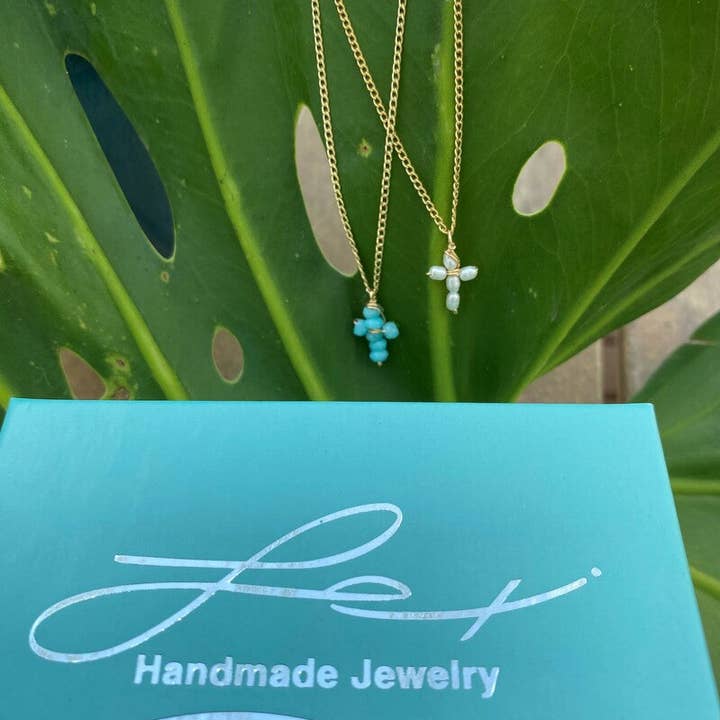 Tiny Pearl Cross Necklace for wholesale by Lexi Jewelry