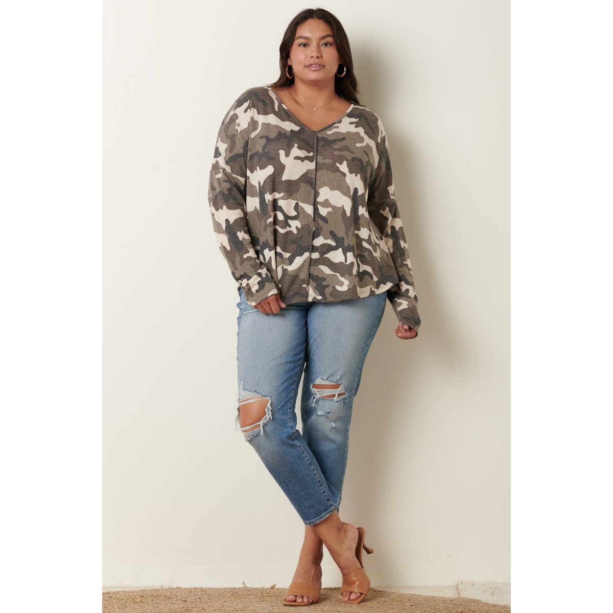 mittoshop – wholesale Stickad topp - Dam – PLUS CAMO V-RINGAD STICKAD TOPP0