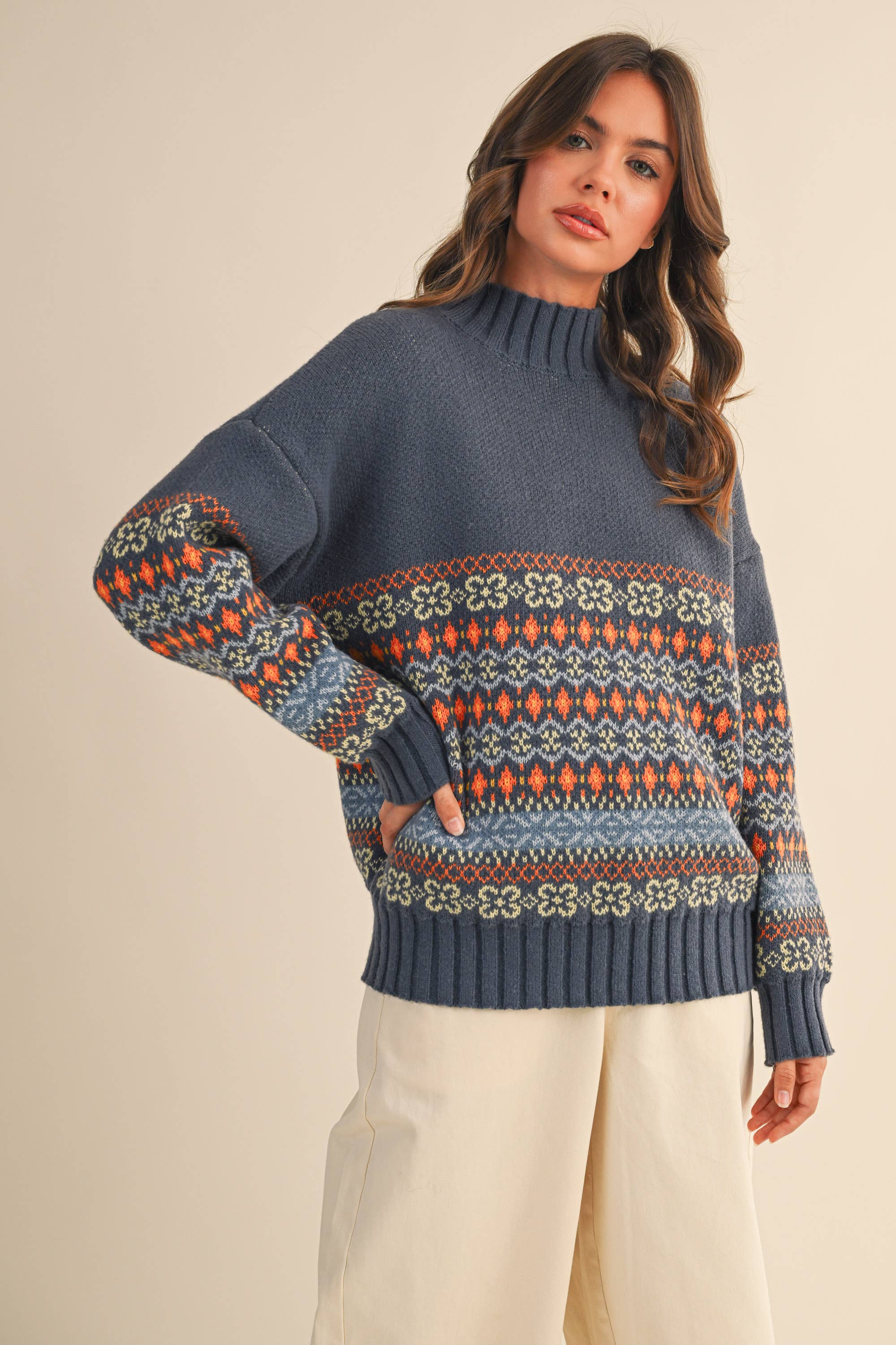 COMBO MARINE Haut de pull à col montant à motif rayé contrasté IT4443 en vente sur Faire3