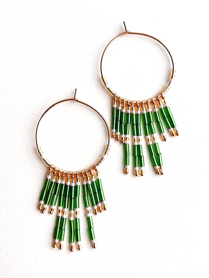 Green Fringe Hoops | Beaded Hoop Earrings for wholesale by Laura Stark Designs