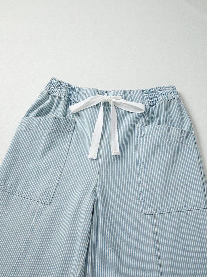 Sky Blue Stripe Scarlett Rise Drawstring Waist Jeans for wholesale on Faire2