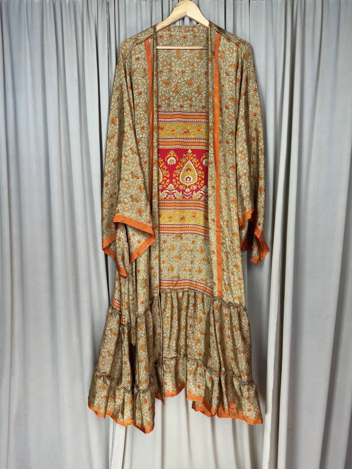 Recycle Silk Kimono Flowy Gown House Robe Boho Beach Coverup for wholesale by The Eastern Loom