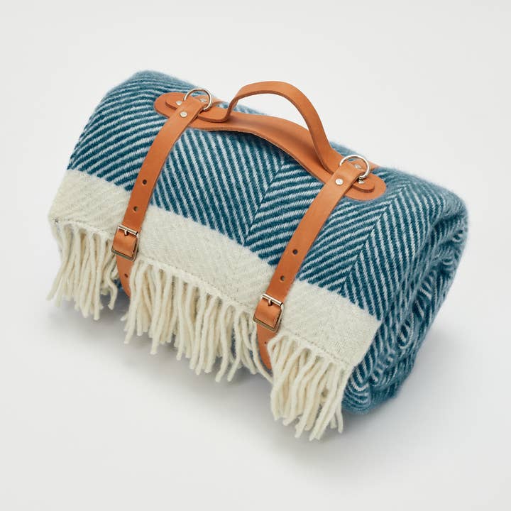 Sailor Blue Herringbone Wool Picnic Blanket for wholesale by Atlantic Blankets