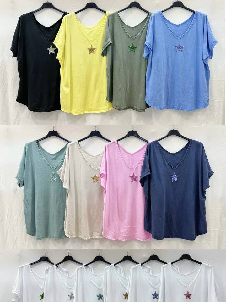 Mimi & Gogo – Großhandel T-Shirt – Damen – Damen-T-Shirt mit doppeltem V-Ausschnitt und Paillettenstern13