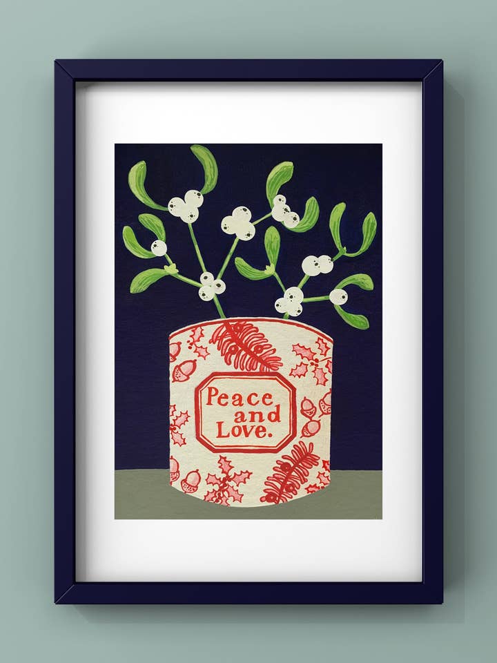 Mistletoe in Peace Cup Print by Susie Hamilton for wholesale by Susie Hamilton Art