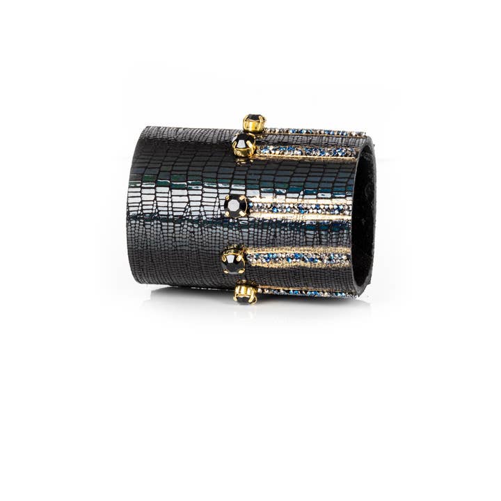 Black Lizard Leather Crystal Bar Statement Cuff Bracelet for wholesale by The Dark