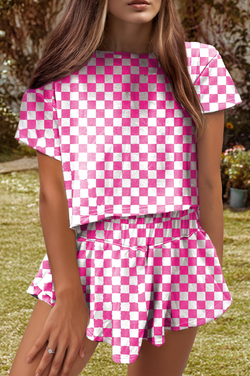 fashionworks - Vente Ensemble haut et jupe - Femme - Ensemble 2 pièces : T-shirt à carreaux et jupe-short taille haute2