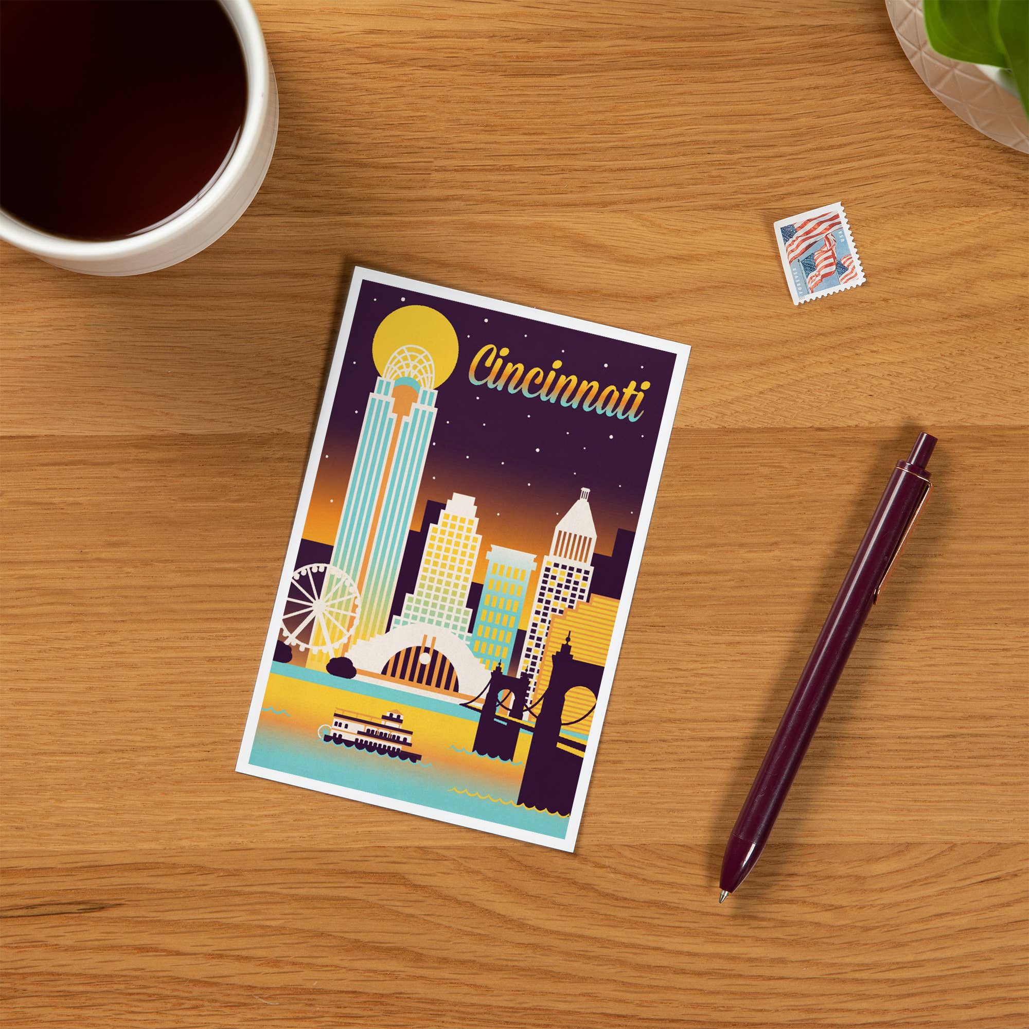 Lantern Press - Vente Cartes postales - CARTES POSTALES PREMIUM Cincinnati, Ohio, Skyline Rétro Chromatique1