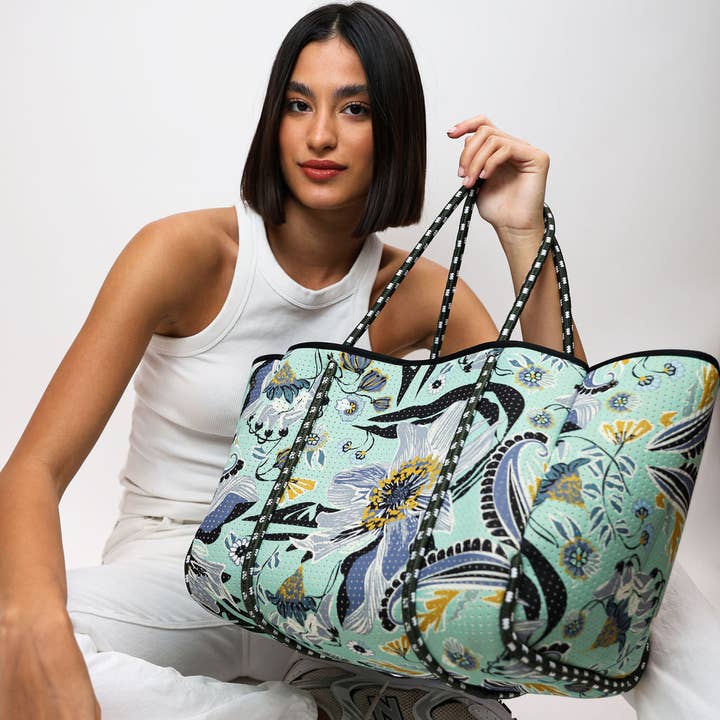 BORSA GRANDE IN NEOPRENE FIORI MENTA per la vendita all'ingrosso da parte di Pop Ups Brand