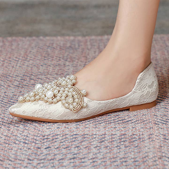 ACCITY - Wholesale Flats - Women's - Lace Pearl Ballet Flats for Women, Bridal Style_CWSHF00104