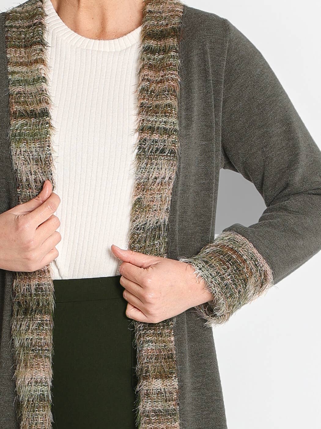 KHAKI 372180L KNIT COAT WITH FRONT JACQUARD FUR PIECES for wholesale on Faire3