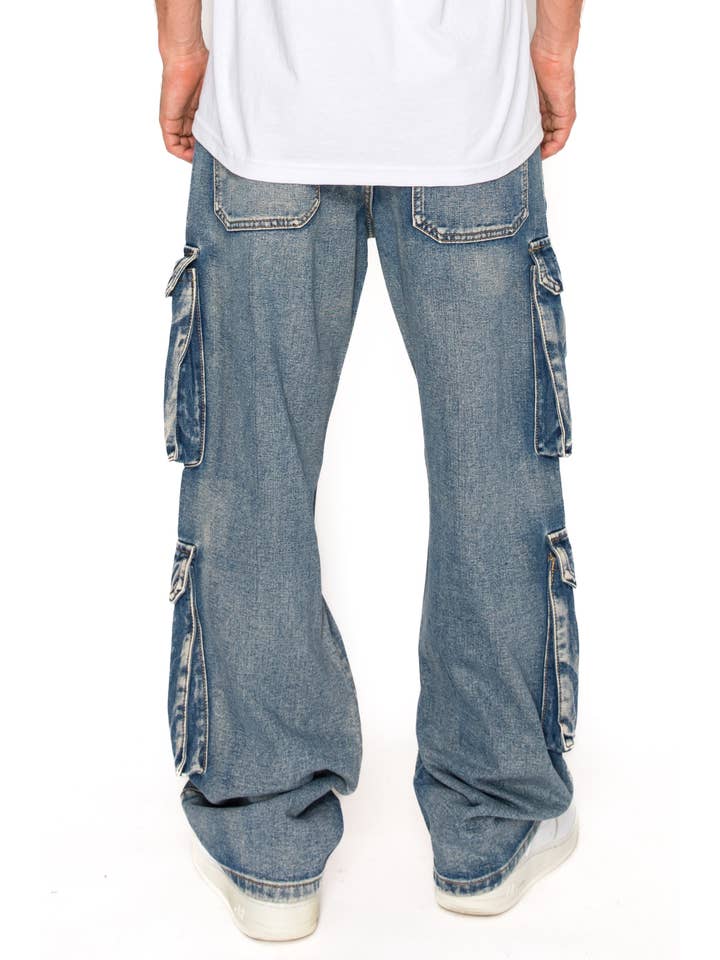 Indigo DL1539 Baggy Fit Double Cargo Denim Jeans for wholesale on Faire4