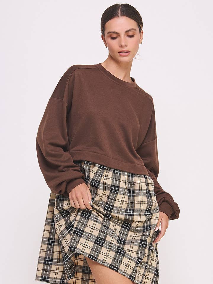 Abito a quadri a maniche lunghe - Marrone -1 per la vendita all'ingrosso da parte di AIBLEE