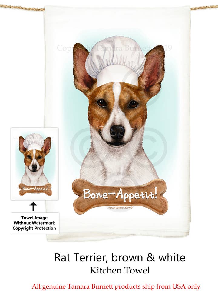 Rat Terrier Tan & White Cropped White Sack Kitchen Towel for wholesale by Pet Gifts USA, LLC
