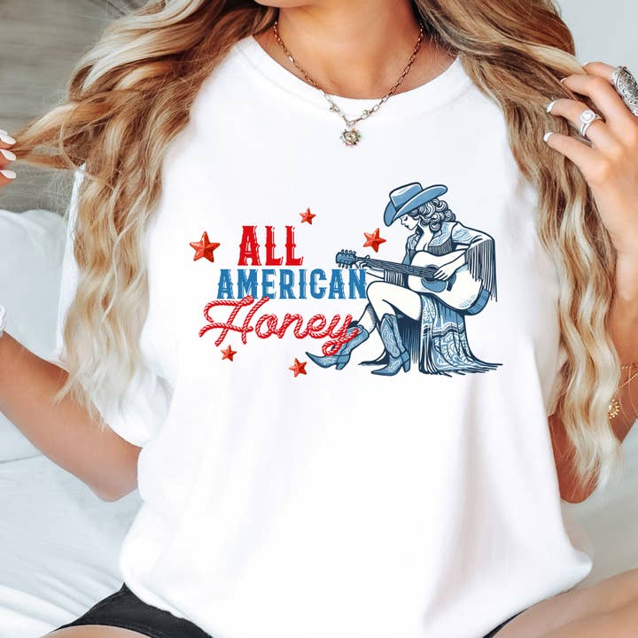 All American Honey 4th of July Graphic Tee for wholesale by Happy Mail Wholesale