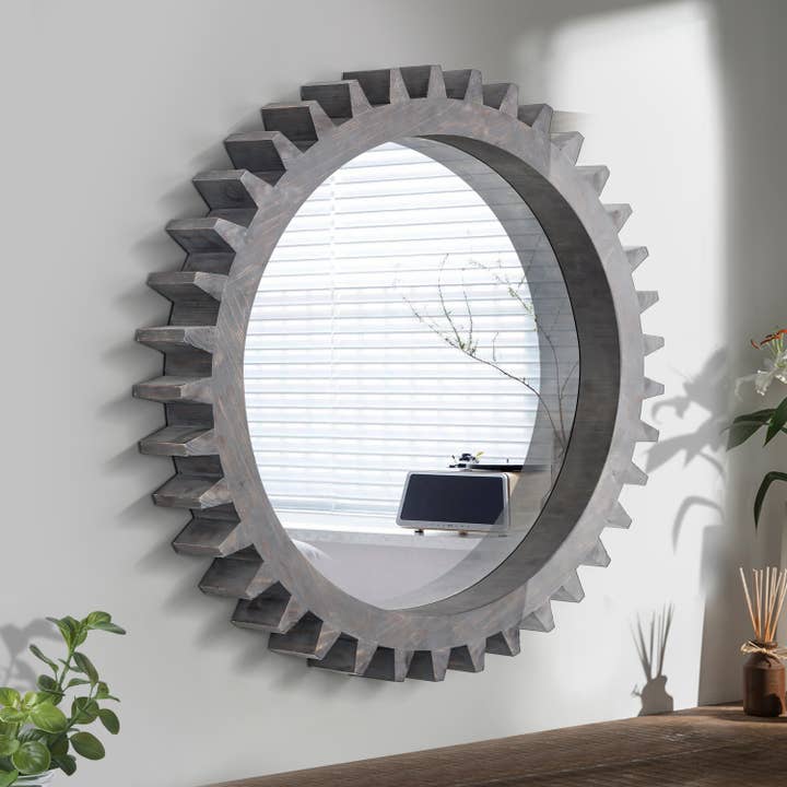 Dark Brown Vintage Wood Round Hanging Gear Shape Decorative Mirror for wholesale on Faire