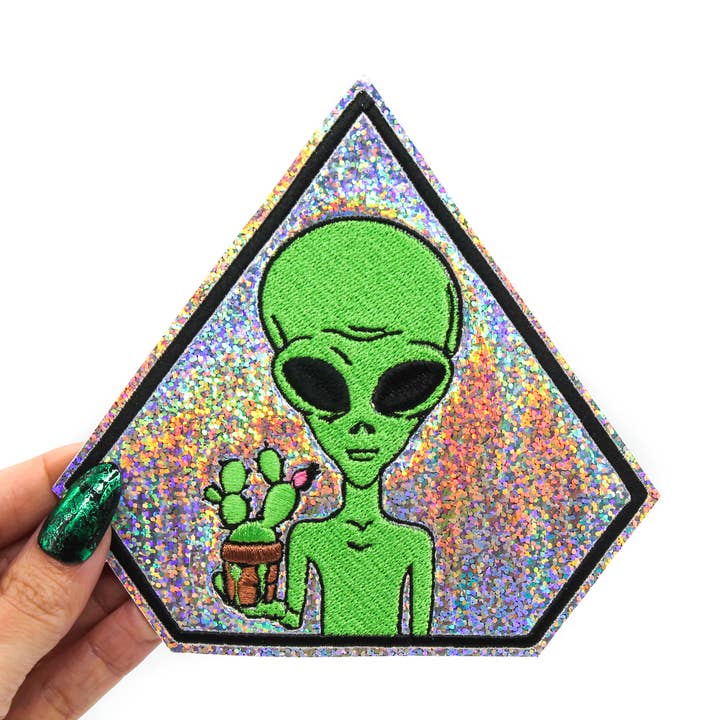 Alien Holding Cactus Plant Holographic Glitter Vinyl Patch for wholesale by Project Pinup