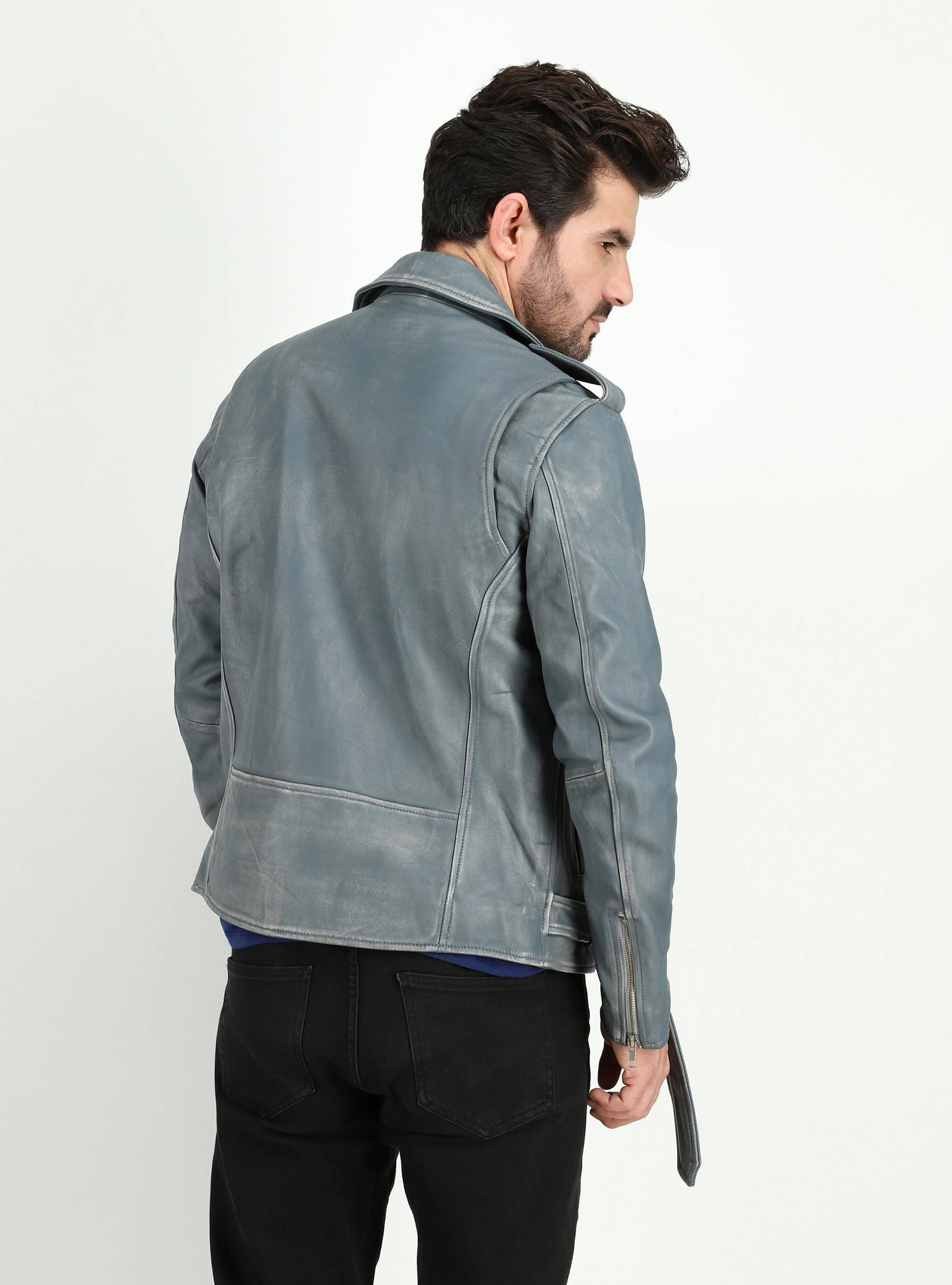 Men's Cowhide Dual Tone Gray Motorcycle Style Leather Jacket for wholesale on Faire4