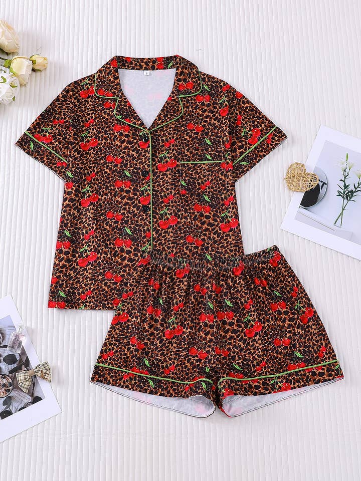 Cherry Animal Print Pajama Set for wholesale by Lane & Lily
