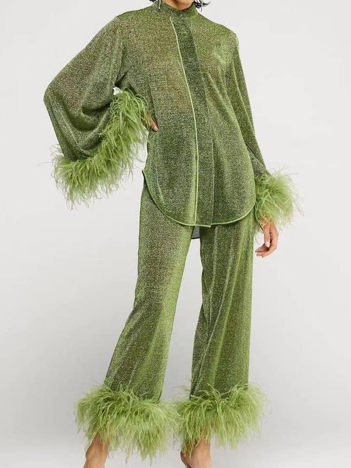 safistyle - Wholesale Top & Pant Set (NOT Loungewear) - Women's - Feather Collar Top with Casual Pants Set2