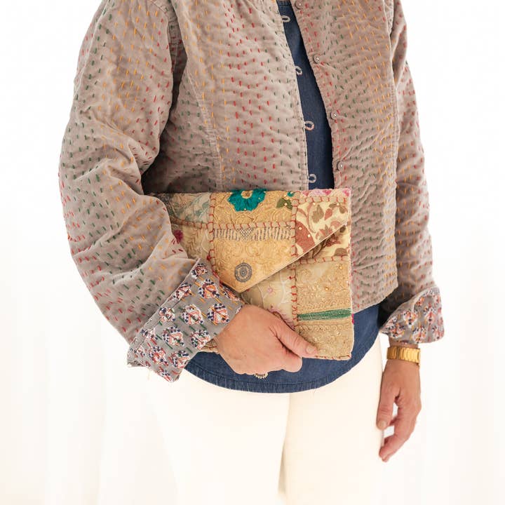 Gray Velvet & Block Print Kantha Jacket for wholesale by Rahab's Rope