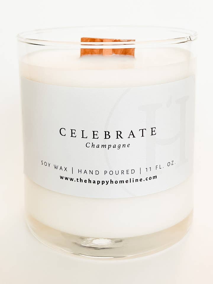 11 oz Celebrate Wood Wick Candle for wholesale by The Happy Home Line