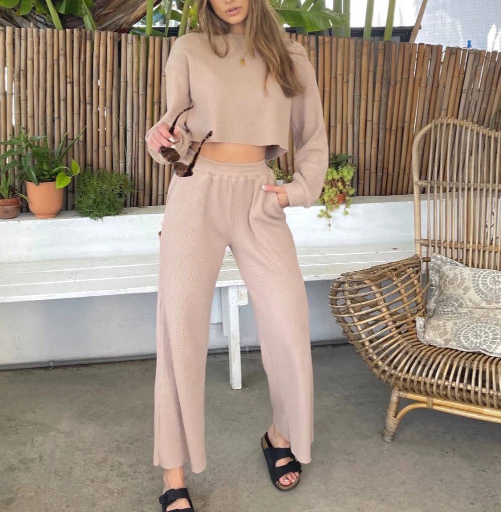 HIDDENBRAND - Wholesale Lounge Set - Women's - Waffle crop long sleeve top wide leg pant two piece set13